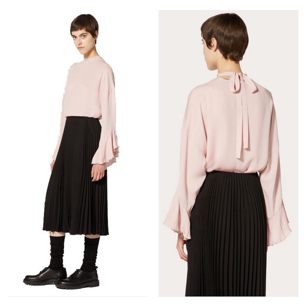 Valentino Garavani Size 40 (US 4/S) Silk Blush Pleated Ruffled Sleeve Blouse